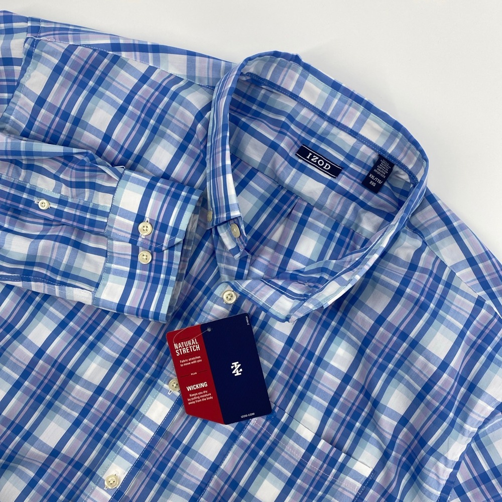 NEW IZOD Shirt Mens XXL Blue Plaid Natural Stretch Wicking Business Performance
